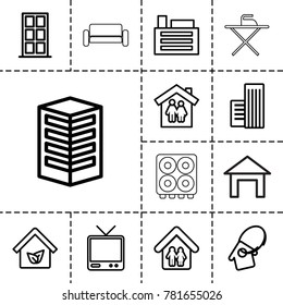 Home icons. set of 13 editable outline home icons such as door, family house, building, tv, eco house, sofa, house building, ironing table