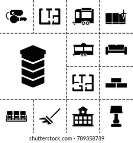 Home icons. set of 13 editable filled home icons such as sofa, brick wall, chair, clean window, trailer, building, plan, key, mop