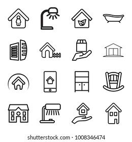 Home icons. set of 16 editable outline home icons such as baby bed, house, wardrobe, business center, table lamp, cargo protection, bath, house insurance