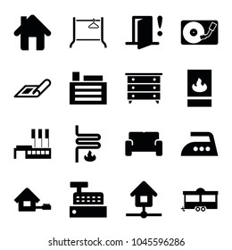 Home icons. set of 16 editable filled home icons such as plan, nightstand, trailer, building, home, sofa, fire protection, heating system, door warning, iron, hanger