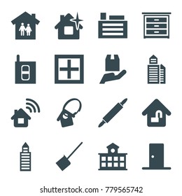 Home icons. set of 16 editable filled home icons such as building, dustpan, clean house, family house, cargo protection, door, dough pin, intercom, window