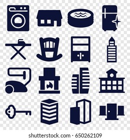 Home icons set. set of 16 home filled icons such as baby bed, building, vacuum cleaner, ironing table, clean fridge, cupboard, jacuzzi, house building, washing machine, key