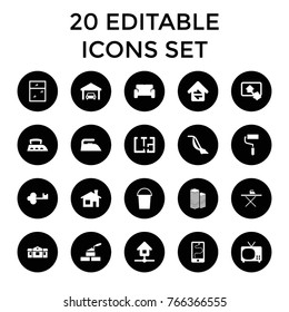 Home icons. set of 20 editable filled home icons such as house building, bucket, iron, vacuum cleaner, roller, tv, sofa, garage, plan, business centre, brick wall, house