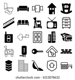Home icons. set of 25 editable filled and outline home icons such as sofa, baby bed, cleaning tools, pie, building, key, intercom, geyser, brick wall, window, house