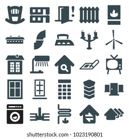 Home icons. set of 25 editable filled home icons such as plan, house, window, baby bed, table lamp, tv, building, house building, candlestick, fire protection, heating system