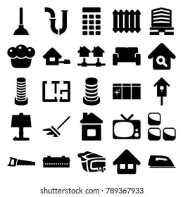 Home icons. set of 25 editable filled home icons such as barn, business center building, iron, business center, pipe, table lamp, pie, saw, nesting house, tv, building, sofa