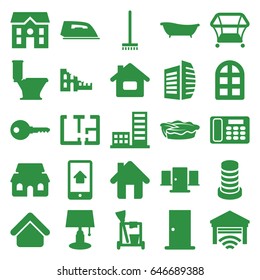Home icons set. set of 25 home filled icons such as window, house building, door, playpen, cleaning tools, broom, iron, toilet, business center, house, pie, desk phone, bath