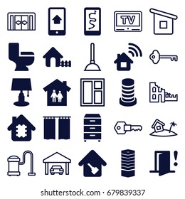 Home icons set. set of 25 home filled and outline icons such as business centre, house, toilet, nightstand, building, curtain, door warning, cpu in house, sliding doors