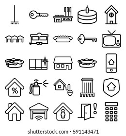 home icons set. Set of 25 home outline icons such as building, broom, clean window, key, trailer, pie, spray bottle, cake, house building, builidng, garage, mortgage