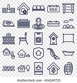 Home icons set. set of 25 home outline icons such as sofa, barn, business center building, nightstand, building, iron, vacuum cleaner, hanger, map location, buying a house
