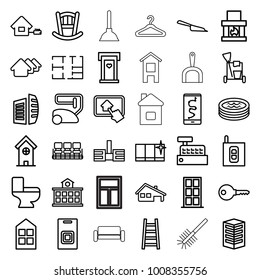 Home icons. set of 36 editable outline home icons such as door with heart, door, house, window, baby bed, chair, building, cleaning tools, vacuum cleaner, dustpan
