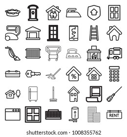 Home icons. set of 36 editable outline home icons such as barn, window, vacuum cleaner, mop, iron, house and tree, family house, trailer, pie, route and phone, ladder