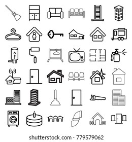 Home icons. set of 36 editable outline home icons such as key, ladder, door, house, hanger, clean house, wardrobe, roller, trailer, saw, spray bottle, tv, building, cake