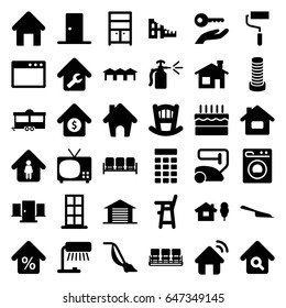 Home icons set. set of 36 home filled icons such as sofa, house building, business center building, door, baby bed, baby chair, chair, vacuum cleaner, dustpan, wardrobe