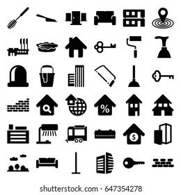 Home icons set. set of 36 home filled icons such as barn, sofa, plunger, mop, dustpan, toilet brush, business center, map location, roller, hacksaw, paint bucket, trailer, pie