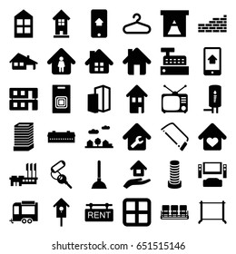 Home icons set. set of 36 home filled icons such as barn, window, business center building, hanger, chair, building, key, plunger, hacksaw, trailer, nesting house, tv