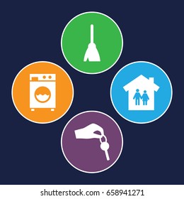 Home icons set. set of 4 home filled icons such as broom, hand with key, washing machine