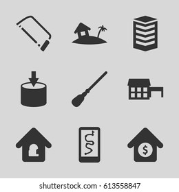 Home icons set. set of 9 home filled icons such as mop, hacksaw, house sale, building, entrance, house