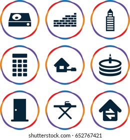 Home icons set. set of 9 home filled icons such as door, building, ironing table, dvd player, cake, intercom