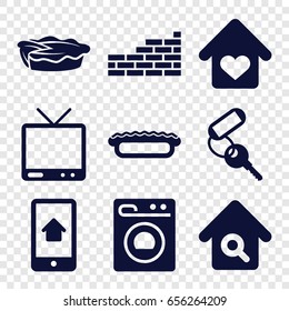 Home icons set. set of 9 home filled icons such as key, pie, tv, washing machine