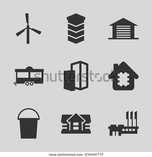 Home icons set. set of 9 home\
filled icons such as mill, house, bucket, trailer, garage,\
building