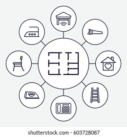 Home icons set. set of 9 home outline icons such as iron, ladder, saw, home with heart, desk phone, plan, chair