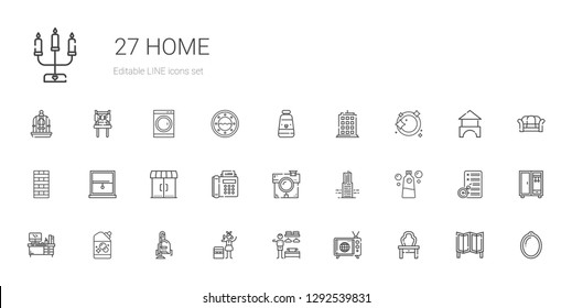 home icons set. Collection of home with dressing table, tv, dressing room, portable fridge, vacuum cleaner, detergent, desk, building, house. Editable and scalable home icons.