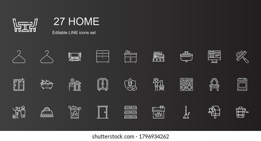 home icons set. Collection of home with plunger, house, dishes, door, bucket, hood, heater, washing machine, chimney, insurance, wardrobe, cabin. Editable and scalable home icons.