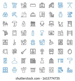 home icons set. Collection of home with saw, tax, washing machine, house, curtains, detergent, vase, window, paint roller, table, bird cage. Editable and scalable home icons.