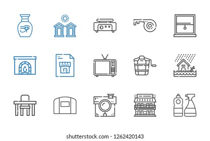 home icons set. Collection of home with window cleaner, motel, house, hangar, table, flood, bucket, television, blueprint, chimney, window, key. Editable and scalable home icons.