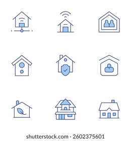 Home icons set. Line Duotone style, editable stroke. shared housing, work from home, bird house, home network, green house, classic house