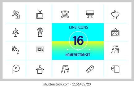 Home icons. Set of  line icons. Electric fan, ironing, battery. Domestic life concept. Vector illustration can be used for topics like domestic appliances, public services