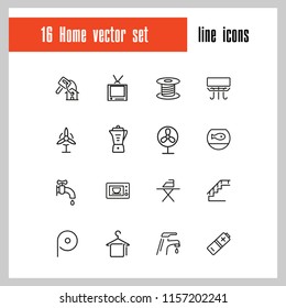 Home icons. Set of  line icons. Electric fan, ironing, battery. Domestic life concept. Vector illustration can be used for topics like domestic appliances, public services
