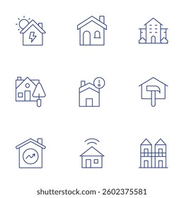 Home icons set. Thin Line style, editable stroke. home, house, nursing home, repair, townhouse, solar energy, trowel, market.