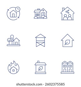 Home icons set. Thin Line style, editable stroke. home, beach house, eco house, shared housing, house, neighborhood.