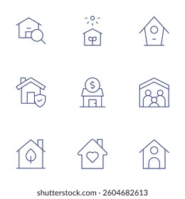 Home icons set. Thin Line style, editable stroke. green, dog, eco, family, bird house, home, search