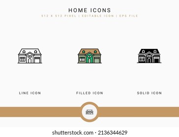 Home icons set vector illustration with solid icon line style. City building concept. Editable stroke icon on isolated background for web design, user interface, and mobile app