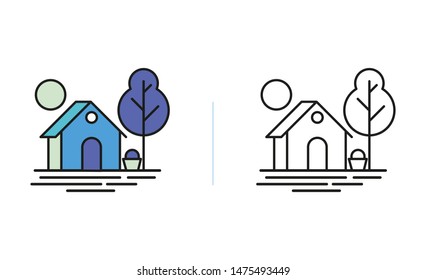 home icons with sun and tree, logo vector illustration
