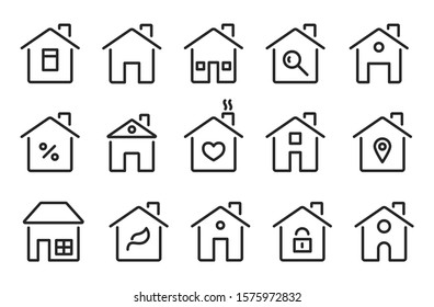 Home icons. Thin line modern houses, homes with roof, windows doors. Flat hotel cottage residence symbols. Isolated vector signs set