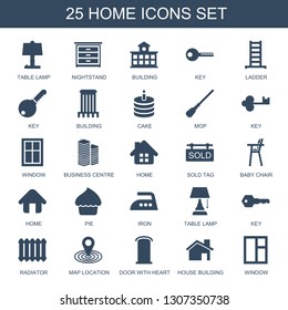 home icons. Trendy 25 home icons. Contain icons such as table lamp, nightstand, building, key, ladder, cake, mop, window, business centre, sold tag. home icon for web and mobile.