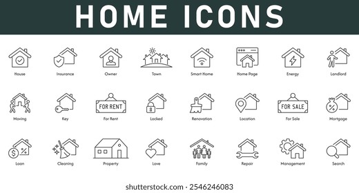 Home Icons vector illustration with thin line editable stroke containing insurance landlord renovation location mortgage loan property management search for sale for rent town smart home