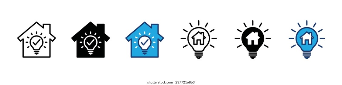 Home idea icons. Home, house, real estate, property, residence, apartment with light bulb, lamp icon symbol for apps and websites. Vector illustration