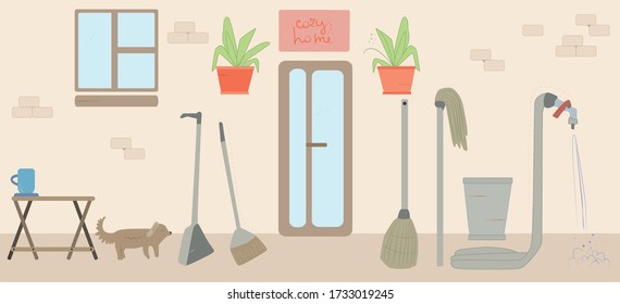 Home illustration flat color vector illustration. Household items on the street. Quarantine