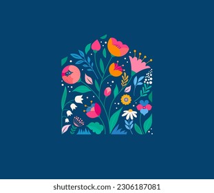 Home illustration with flowers pattern. Home sweet home, family sign, wall print or card