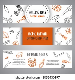 Home improvement construction tools hand drawn brochure. Bussiness banner, advert
