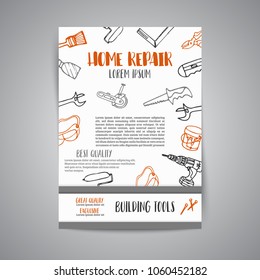 Home improvement construction tools hand drawn brochure. Bussiness banner, advert