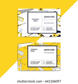 Home improvement corporate business card with repair tools. House construction id template. Renovation background for professional carpenter, handyman, builder. Vector illustration.