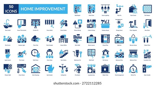 Home Improvement Preencher Conjunto de Ícones. Reparo de parede, Tempo de pintura, Iluminação inteligente, Correção de tubulação, Verificação de telhado, Padrão de telha, Nova porta
