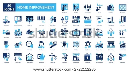 Home Improvement Fill Icon Set. Wall Repair, Paint Time, Smart Lighting, Pipe Fix, Roof Check, Tile Pattern, New Door