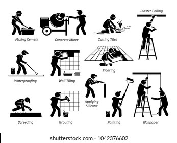Home Improvement and House Renovation Icons. Pictogram depicts workers and specialists renovating, upgrading, and repairing building. 